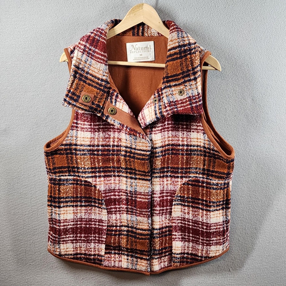 Natural Reflections Vest Womens‎ Medium Brown Red Plaid Wool Blend Snap Front